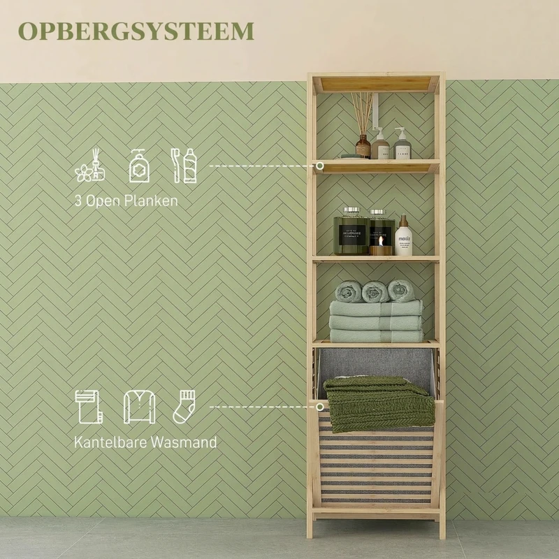 HOMCOM Badkamerrek met Wasmand, 3 Planken, Bamboe Frame, 44x33x160cm, Natuur