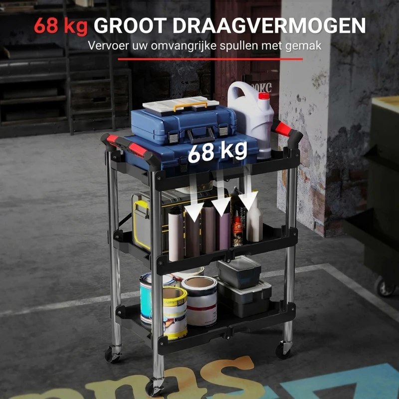 HOMCOM Gereedschapstrolley, Opvouwbare 3-Laagse Gereedschapswagen, Kunststof, Staal, Zwart