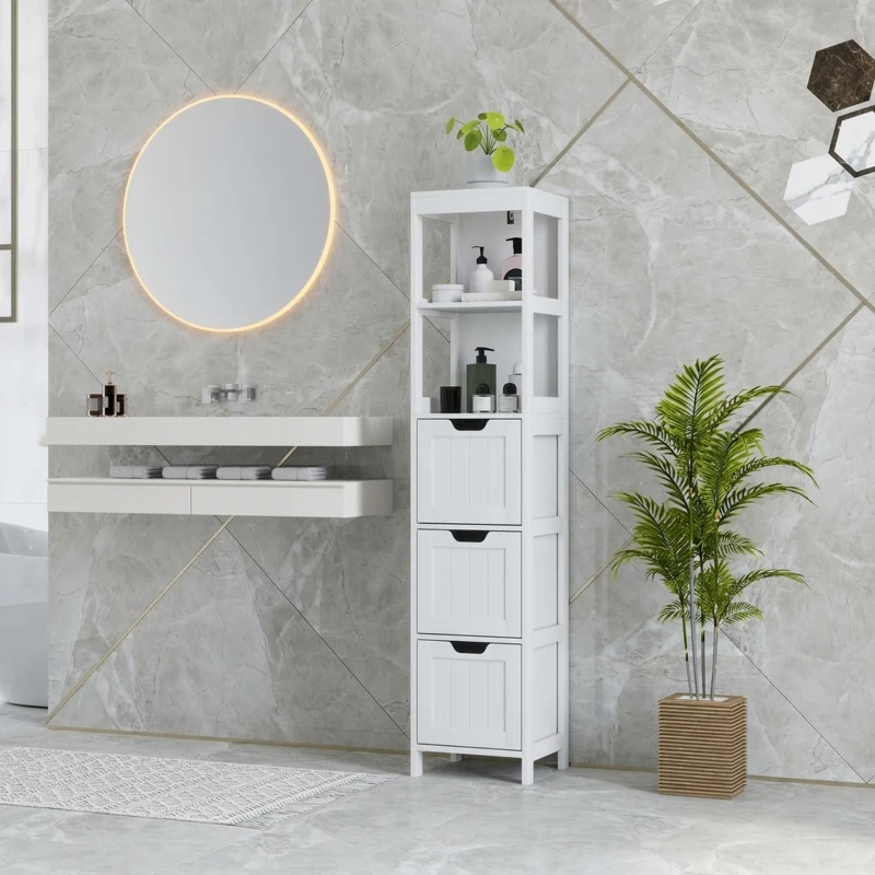 HOMCOM Badkamerkast met 3 Laden en 2 Open Schappen, Smalle Opbergkast voor Kleine Badkamer, Waterafstotend Materiaal, Wit