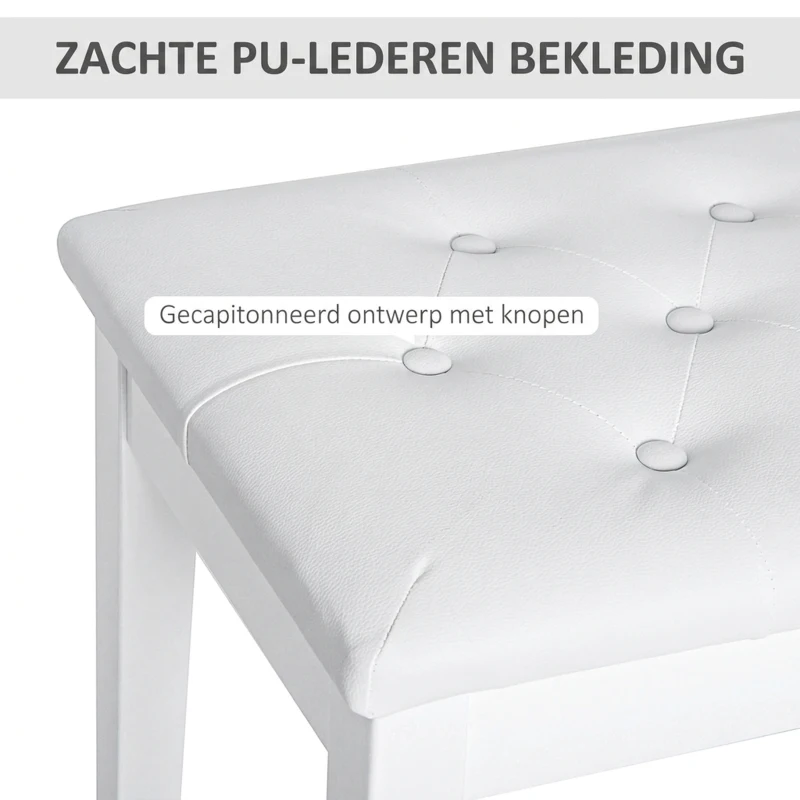 HOMCOM pianokruk pianobank traditionele landelijke stijl cosmetische kruk opbergruimte rubberhout kunstleer wit 76 x 36 x 50 cm(m-5)