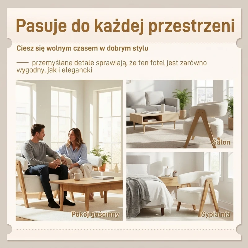 Nowoczesny fotel HOMCOM, fotel z akcentami z polaru Sherpa, tapicerowany fotel z nogami z litego drewna i stalową ramą do salonu lub sypialni, biały