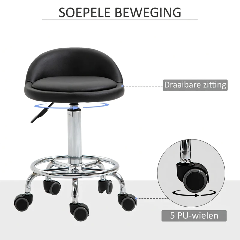 HOMCOM Verrijdbare kruk met rugleuning 57-72 cm hoogte verstelbaar draaikruk voor kantoor salon massage