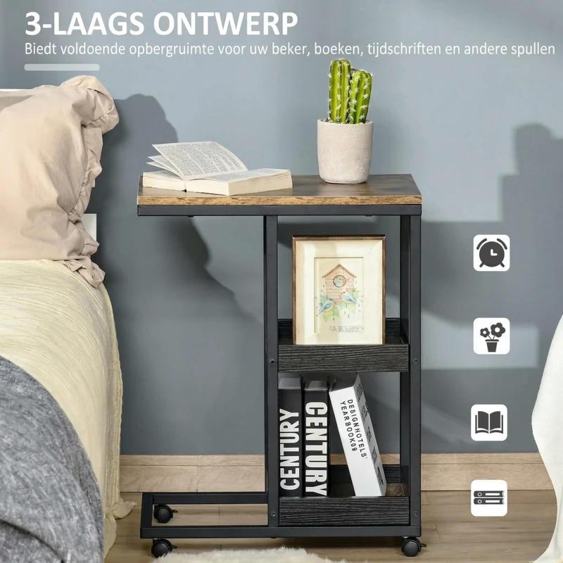 HOMCOM Bijzettafel op Wielen voor Sofa of Bed, Industriële Stijl, Staal en Hout, Bruin en Zwart(m-5)