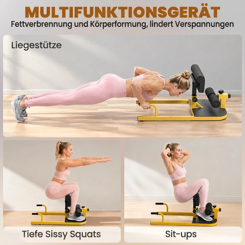 HOMCOM Sissy Squat Kniebeugentrainer Beintrainer Bauch-Gesäß-Trainer 3 in 1 Trainer verstellbar bis 120 kg Stahl Gelb+Schwarz 50 x 97 x (44,5–56,5) cm