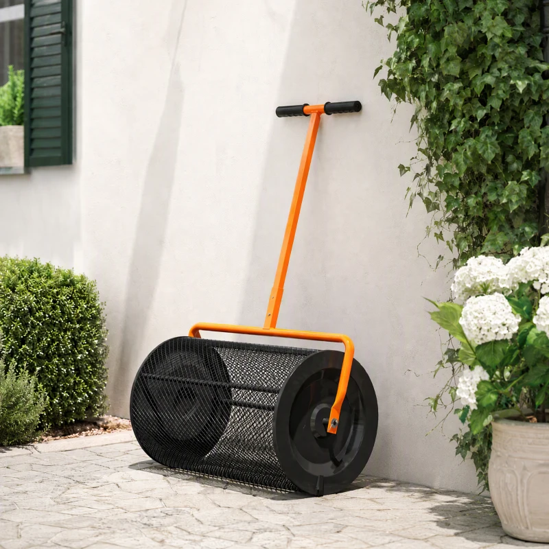 Outsunny Compost Spreader, 24" Peat Moss Spreader with Height Adjustable T Shaped Handle and Metal Mesh Basket, Garden Spreader for Seeding, Spreading Manure, Orange
