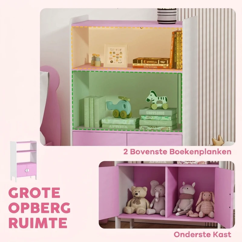 AIYAPLAY Boekenrek voor kinderen, 2 schappen, 2 kasten, vrijstaand, kantelbeveiliging, antislipvoetjes, MDF, Roze+Wit