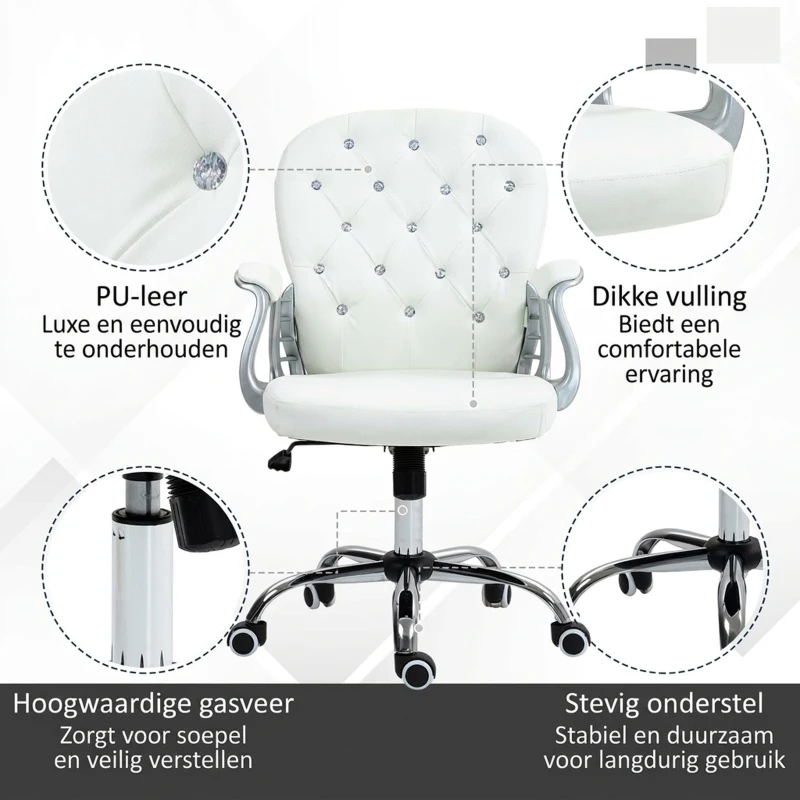 Vinsetto Bureaustoel, Ergonomische Bureaustoel met Armleuning, Gevoerde Rugleuning Wit(m-5)