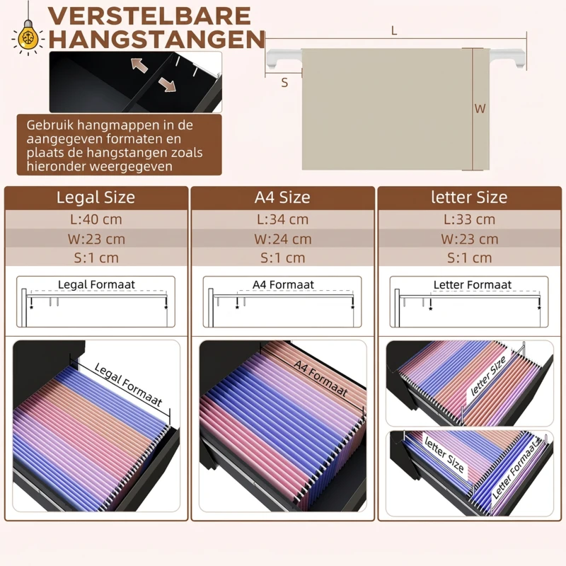 Vinsetto Rolcontainer Dossierkast, 3 Lades, Afsluitbaar, Op Wielen, 37 cm x 43,5 cm x 60 cm, Zwart