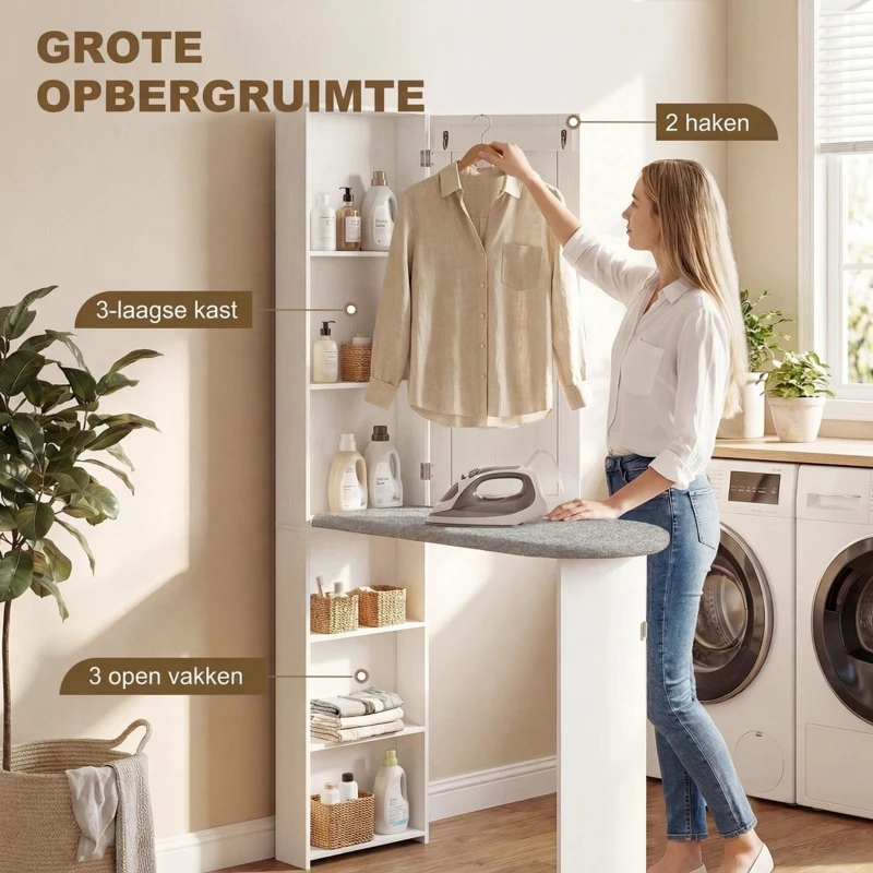 HOMCOM Opvouwbare Strijkplankkast met Deur, Interne Planken, Spiegel, Ruimtebesparende Strijktafel voor Wasverzorging, 106x35x174 cm, Wit