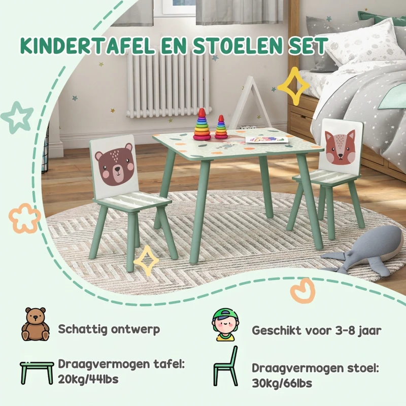 ZONEKIZ Zitgroep voor kinderen 3-8 jaar, 1 tafel & 2 stoelen, schattig dierenmotief, groen