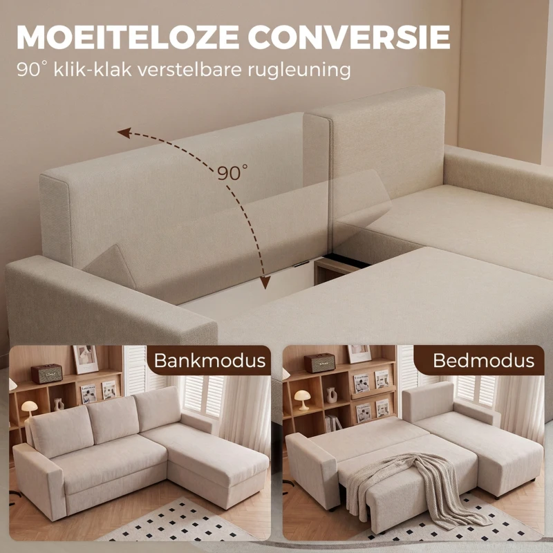 HOMCOM Hoekbank met Slaapfunctie en Omkeerbare Chaise Longue, L-vormige 3-zitsbank van Velours, Beige