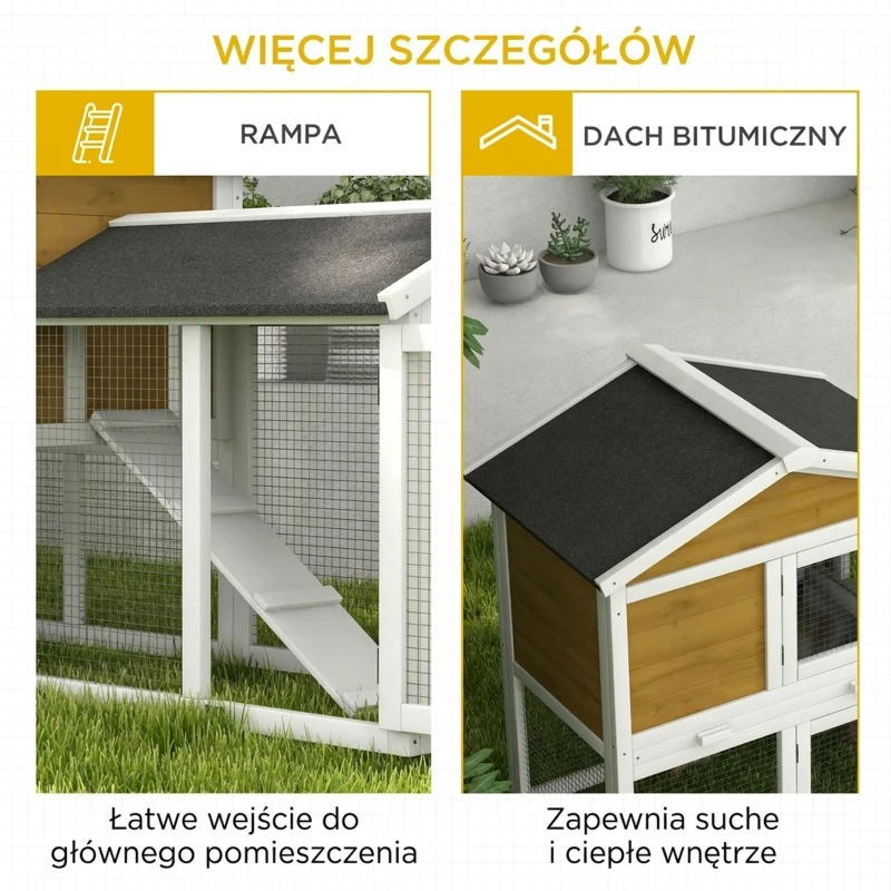 PawHut Domek dla królików 2 poziomy drewniany, klatka z dachem bitumicznym, wybieg, rampa, drzwi, 147x54x84 cm, żółty