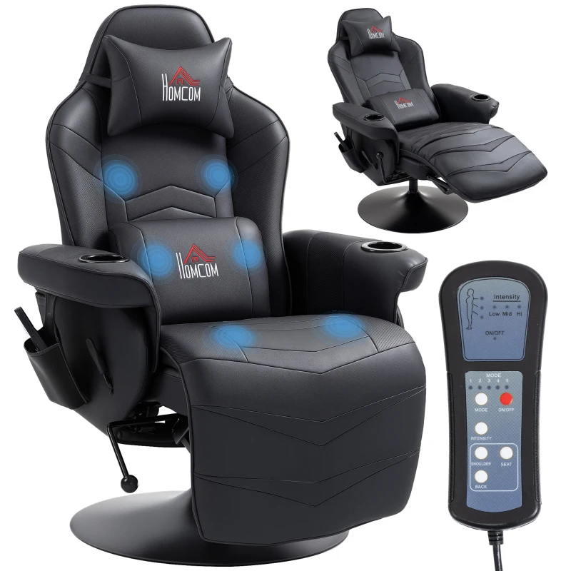 HOMCOM Gamingsessel, Massagefunktion, neigbare Lehne, Fußstütze, bis 120 kg, Stahlrahmen, Kunstleder, Schwarz(m-12)
