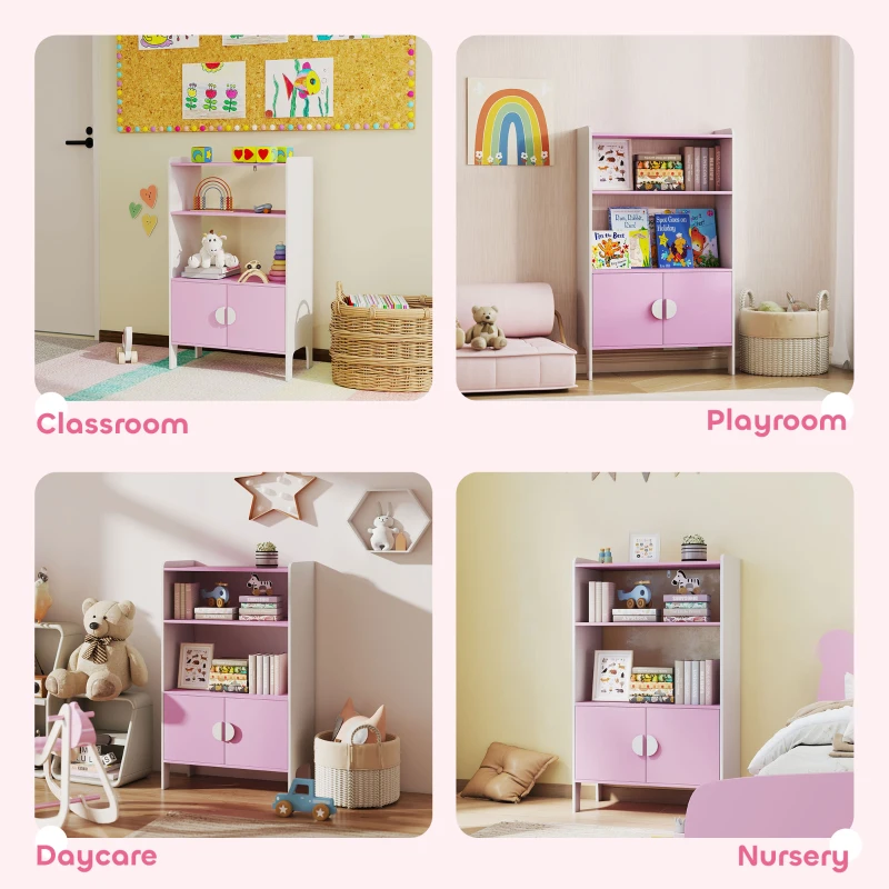 AIYAPLAY Boekenrek voor kinderen, 2 schappen, 2 kasten, vrijstaand, kantelbeveiliging, antislipvoetjes, MDF, Roze+Wit