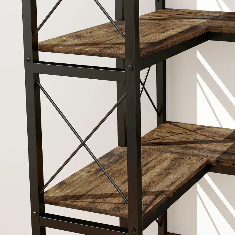 HOMCOM 6-laags L-vormige boekenkast, vrijstaand hoekrek met metalen frame, rustiek bruin