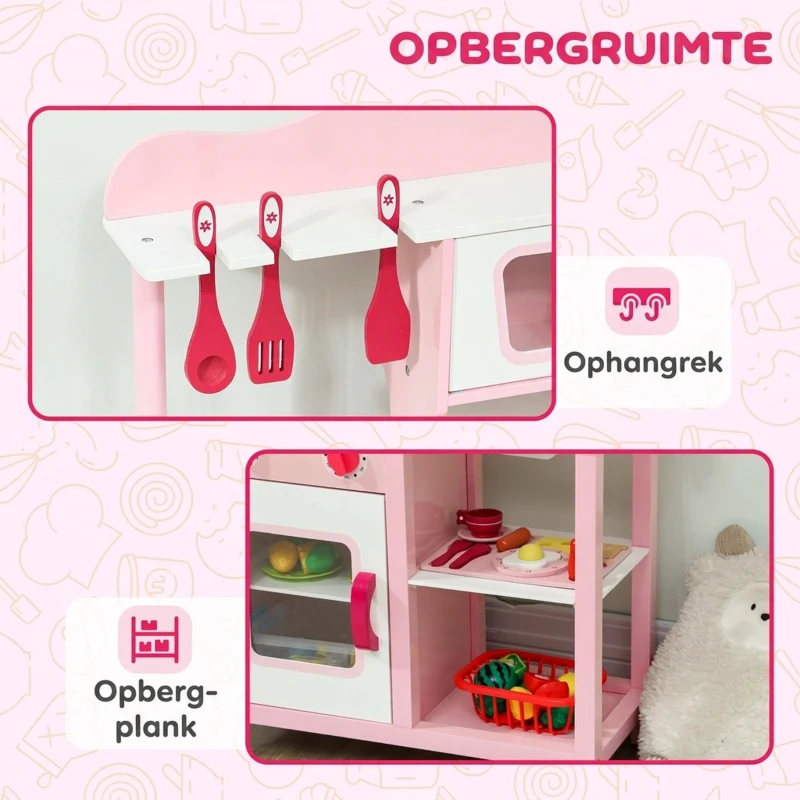 AIYAPLAY Speelkeuken met houten accessoires, keukentoestellen, compact, geluiden, roze