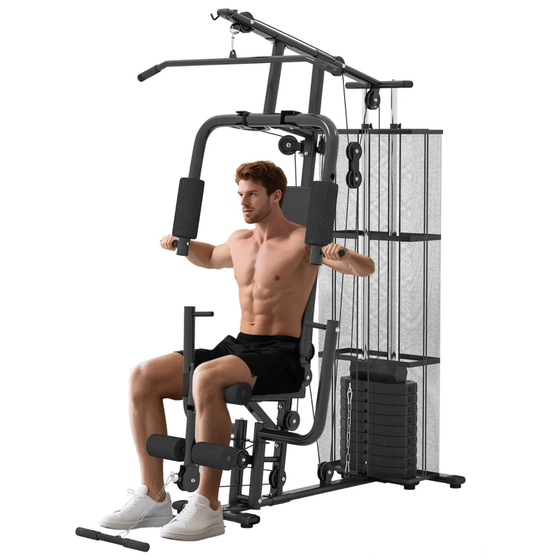 HOMCOM Gym Krachtstation Fitnessstation Multigym Fitnesscentrum Fitnessapparatuur incl. gewichten Latzug Beincurl Metaal PU-kunstleer zwart 150 x 110 x 210 cm(m-11)