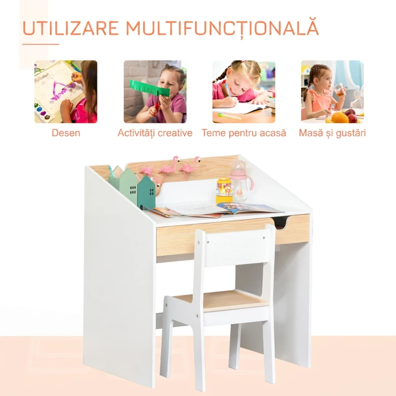 HOMCOM Set Birou și Scaun pentru Copii cu Sertar și Raft, Margini Rotunjite, Vârsta 6-10 Ani, Alb și Lemn