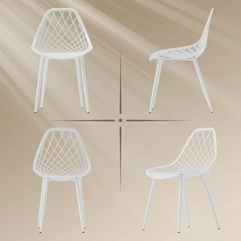 HOMCOM Set 4 Sedie da Pranzo Moderne con Schienale Traforato in Plastica e Gambe in Metallo, Bianco