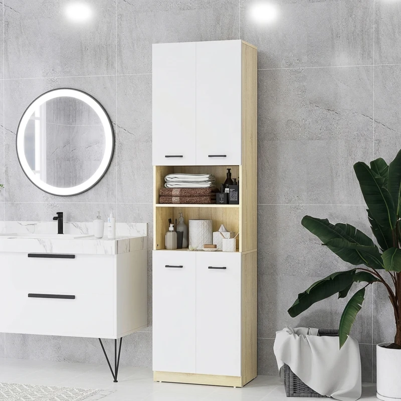 kleankin Colonne de Salle de Bain, Meuble de Rangement avec 4 Portes, 2 Compartiments Ouverts, Étagères Réglables, Blanc et Chêne
