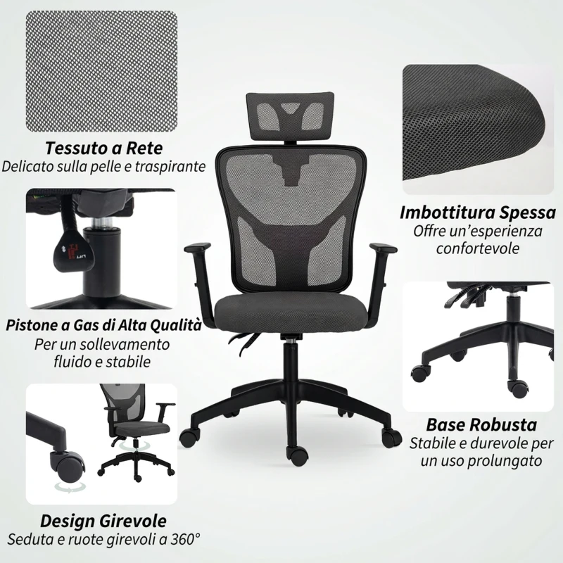 Vinsetto Sedia da Ufficio Ergonomica e Regolabile con Supporto Lombare e Poggiatesta, 66x61x106-116 cm, Grigio