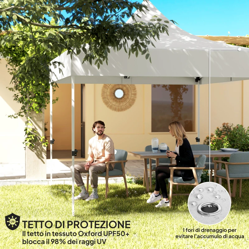 Outsunny Gazebo da Giardino Pop Up 3x3 m ad Altezza Regolabile con Luci LED Solari, in Tessuto Oxford e Metallo, Bianco