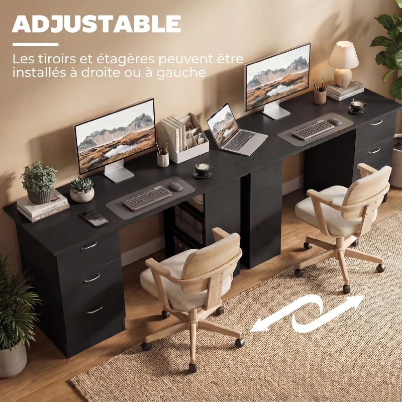 HOMCOM Bureau ordinateur 3 tiroirs 3 étagères ouvertes, 120x49x72cm, rangement réversible, espace, télétravail, noir