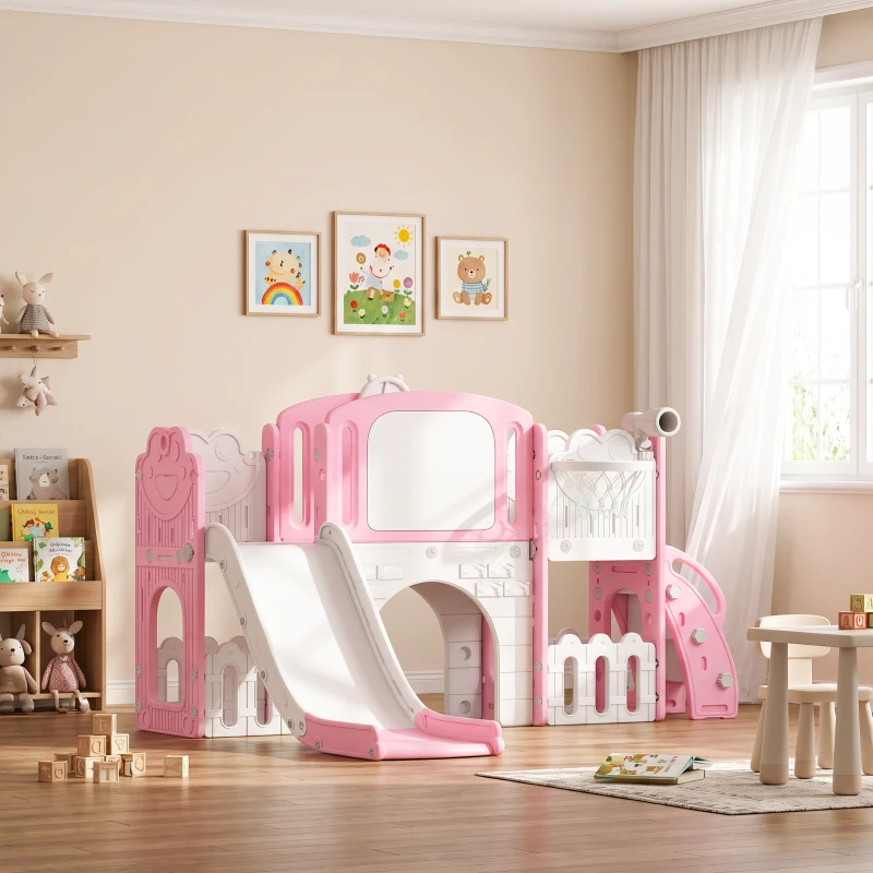 AIYAPLAY Escorrega Infantil 7 em 1 para Crianças Tema de Sapo com Aro de Basquetebol Túnel Quadro Telescópio de Brincar Trepador 176x150x94 cm Rosa