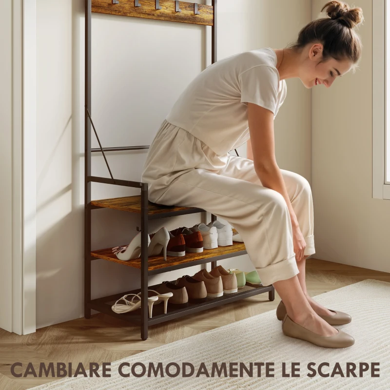 HOMCOM Appendiabiti da Ingresso con Asta, 10 Ganci, Panca e Scarpiera, in Legno e Metallo, 80x40x182 cm, Marrone e Nero