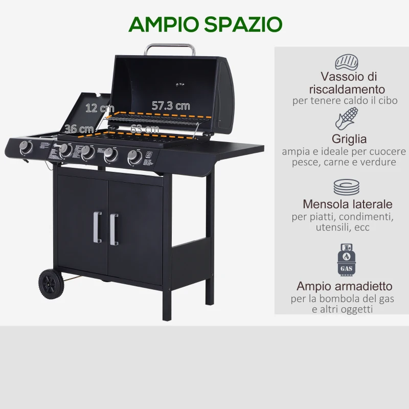 Outsunny Barbecue a Gas a 5 Fornelli con Ripiani Laterali e Armadietto, in Acciaio e PP, 125x51x100 cm, Nero