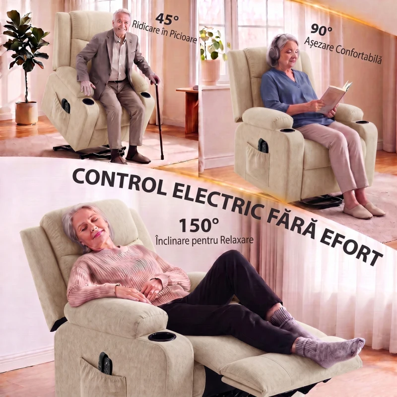HOMCOM Fotoliu Electric cu Ridicare și Reclinare, Încălzire, Masaj, Efect In, 2 Telecomenzi, Crem