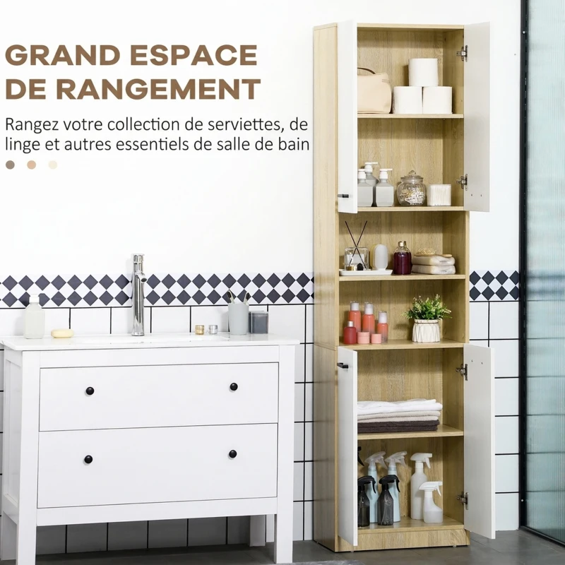 kleankin Colonne de Salle de Bain, Meuble de Rangement avec 4 Portes, 2 Compartiments Ouverts, Étagères Réglables, Blanc et Chêne