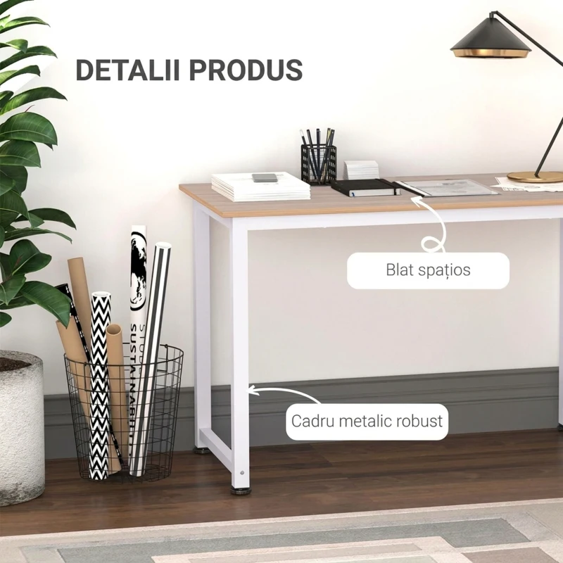 HOMCOM Birou Calculator, Masă de Birou Modernă cu Picioare din Metal Alb, Stil Scandi, Culoare Stejar