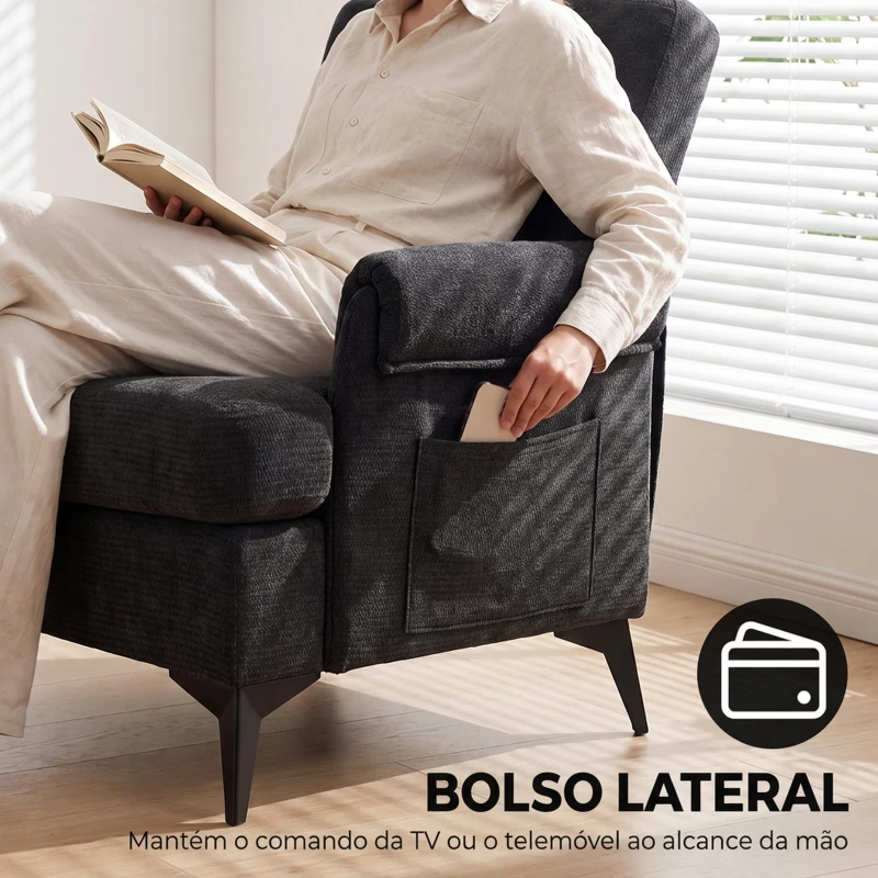 HOMCOM Cadeirão Individual em Chenille Acolchoado para Sala com Pés em Metal e Bolso Lateral, Preto