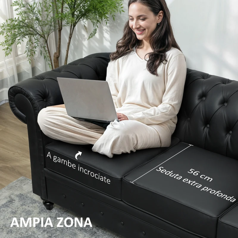 HOMCOM Divano 3 Posti Stile Chesterfield Trapuntato con Molle Insacchettate, Finta Pelle, 213x86x79 cm, Nero