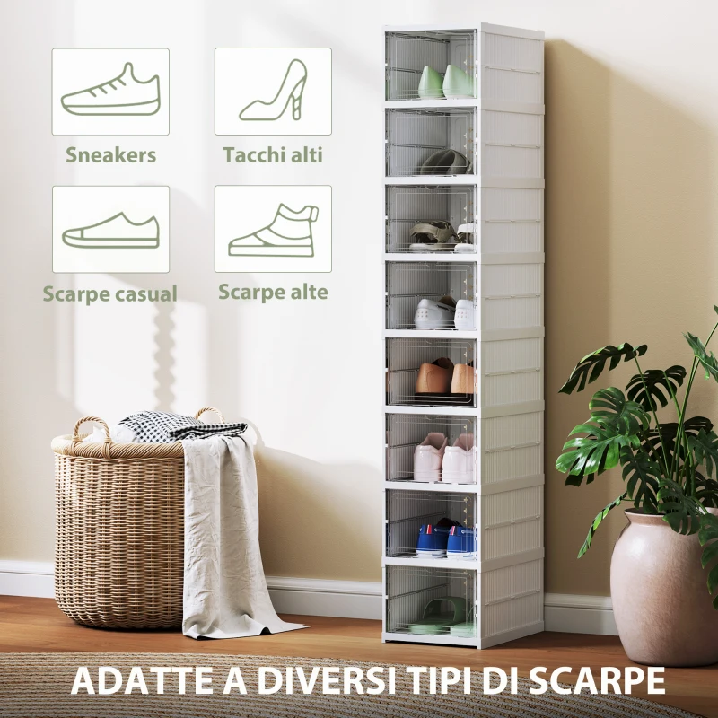 HOMCOM Scarpiera con 8 Contenitori per Scarpe Impilabili e Pieghevoli con Pannello Trasparente, Bianco