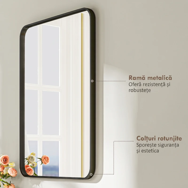 HOMCOM Oglindă baie cu ramă metalică și cârlig, 60x2,5x80 cm, negru