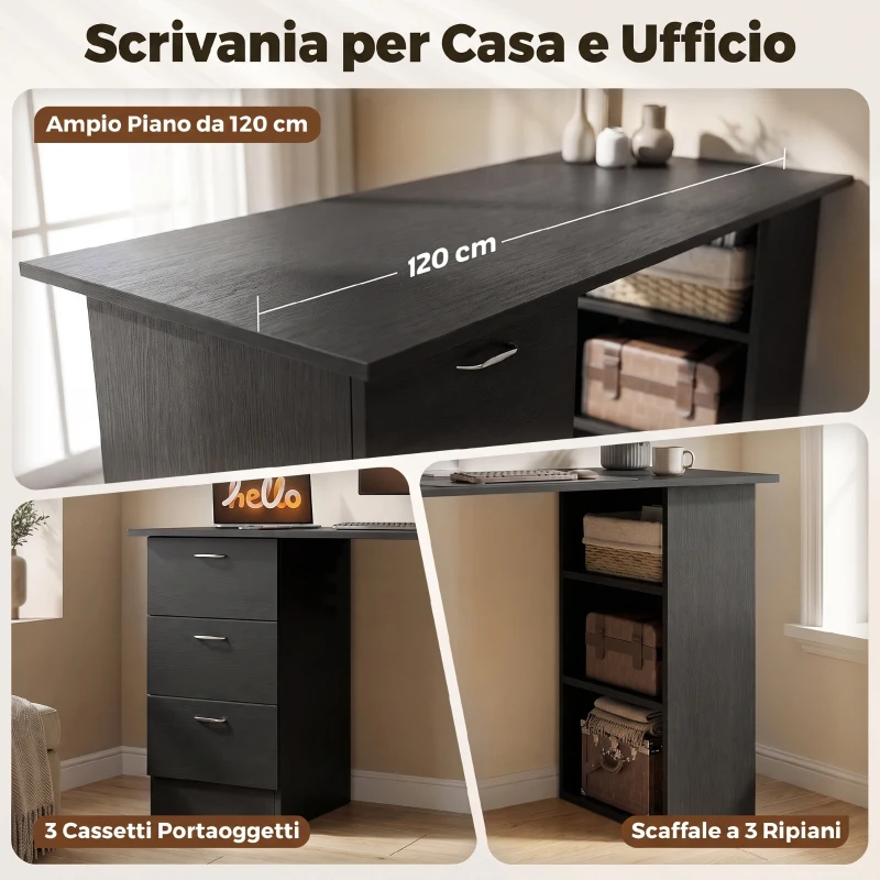HOMCOM Scrivania PC con 3 Ripiani e 3 Cassetti per Camera e Ufficio, in Legno MDF, 120x49x72 cm, Nera