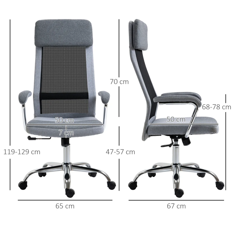 Vinsetto Sedia da Ufficio Ergonomica Girevole, Altezza Regolabile e Dondolamento, Poltrona in Tessuto a Rete 65x67x119-129cm Grigio