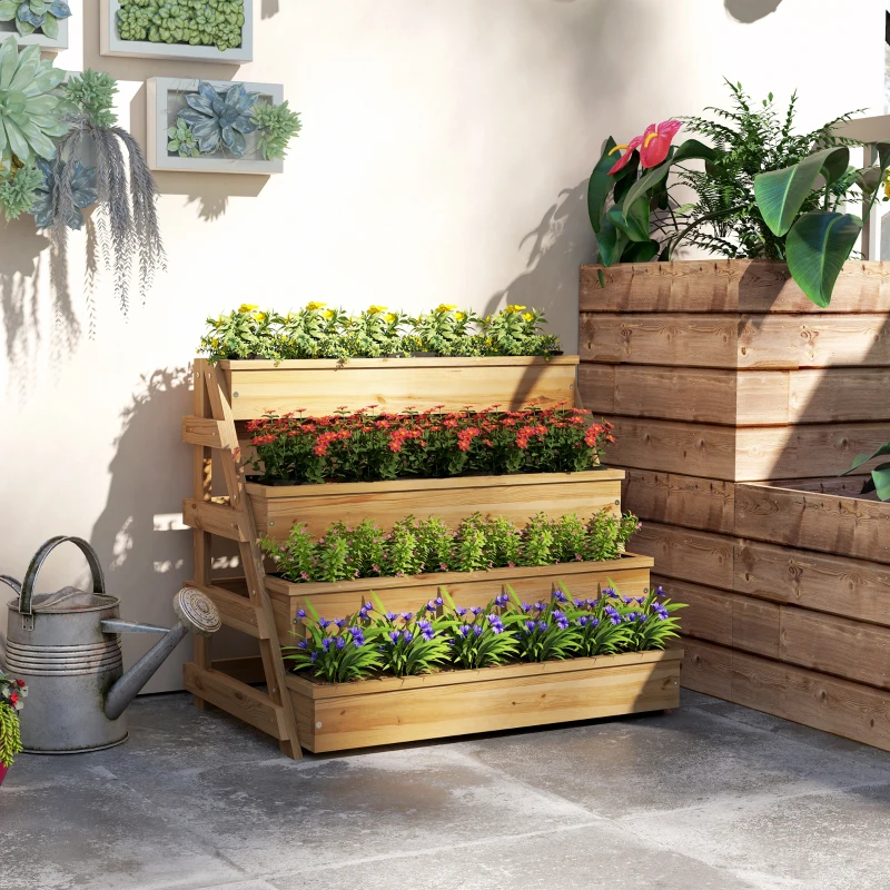 Outsunny Fioriera Rialzata a 4 Livelli con Fori di Drenaggio e Tessuto non Tessuto, in Legno di Abete, 75x57x60.5 cm