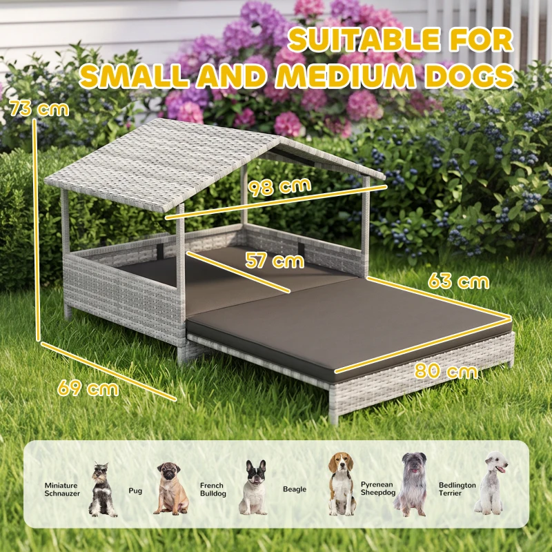 PawHut Extendable Elevated Dog Bed, Rattan Dog House, with Water-Resistant Roof, Removable Cushion, Charcoal Grey