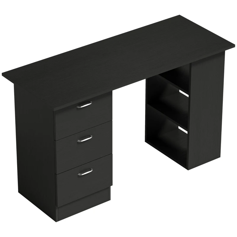 HOMCOM Bureau ordinateur 3 tiroirs 3 étagères ouvertes, 120x49x72cm, rangement réversible, espace, télétravail, noir