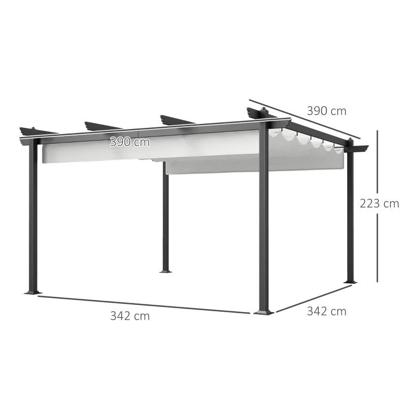 Outsunny Gazebo Pergola 4x4 m con Tettuccio Retrattile, 8 Viti e 8 Picchetti in Alluminio, Poliestere e Metallo, Bianco