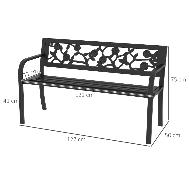 Outsunny Panchina da Giardino 2 Posti in Acciaio con Schienale Decorato e Braccioli, 127x50x75cm, Nero