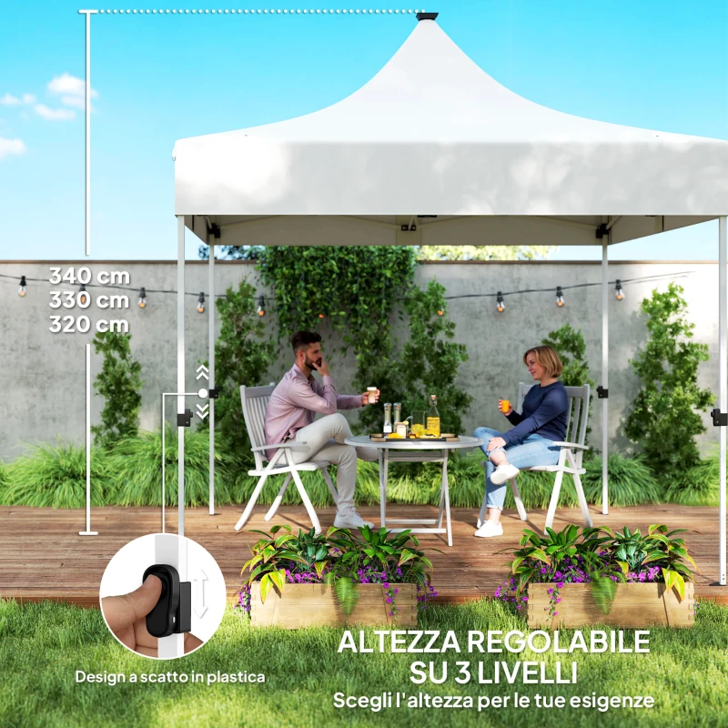 Outsunny Gazebo da Giardino Pop Up 3x3 m ad Altezza Regolabile con Luci LED Solari, in Tessuto Oxford e Metallo, Bianco