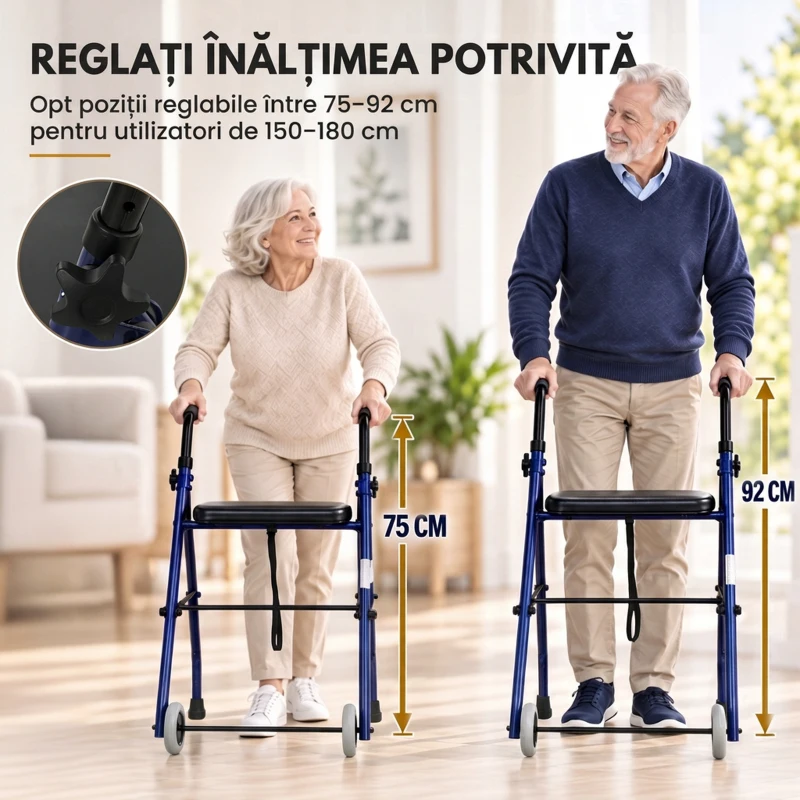 HOMCOM Cadru de Mers Pliabil pentru Seniori cu Șezut Căptușit, Reglabil pe Înălțime în 8 Niveluri, 2 Roți, Albastru Închis