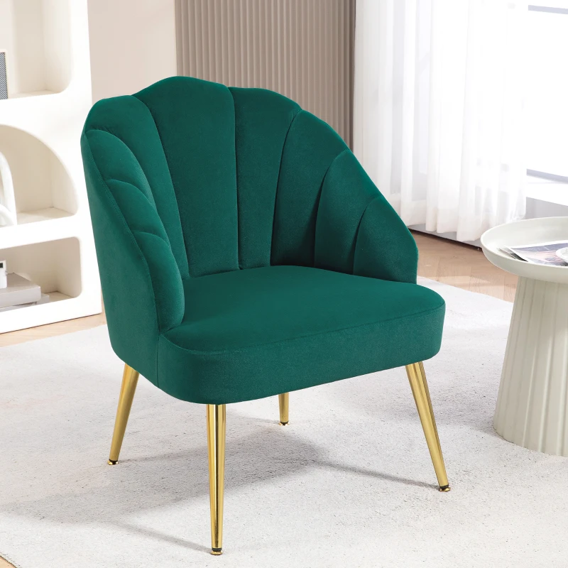 HOMCOM Poltroncina da Camera e Salotto a Conchiglia Stile Art Deco, in Tessuto Vellutato e Acciaio, 63x65x84 cm, Verde
