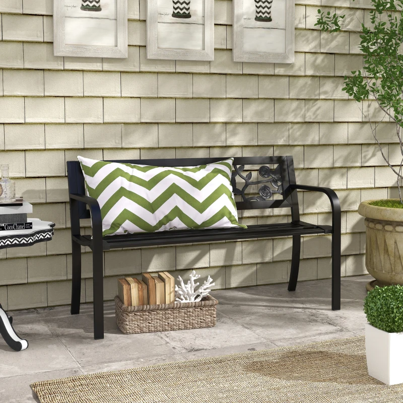 Outsunny Panchina da Giardino 2 Posti in Acciaio con Schienale Decorato e Braccioli, 127x50x75cm, Nero
