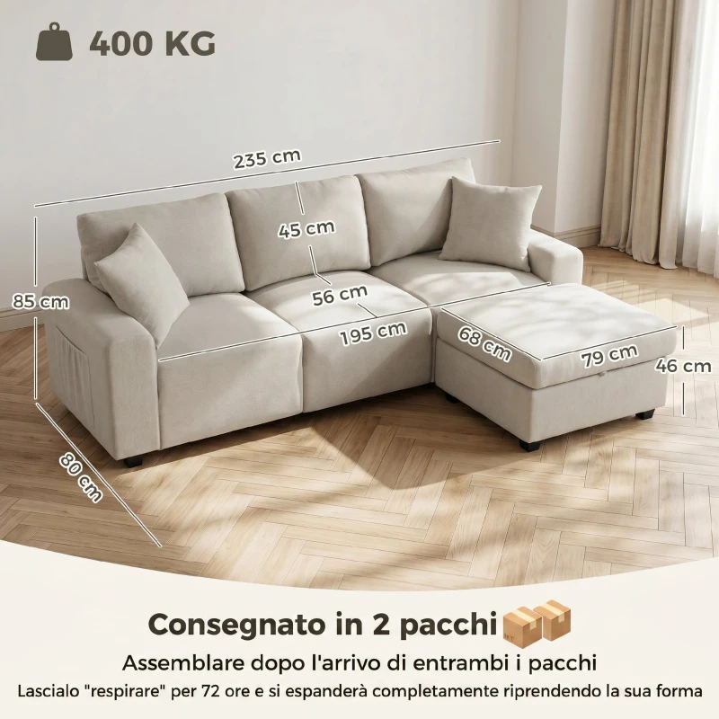 HOMCOM Divano Angolare 3 Posti in Tessuto Effetto Lino con Contenitore Poggiapiedi Rimovibile, 2 Cuscini, Beige