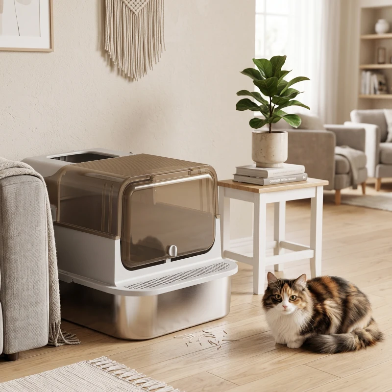 PawHut Lettiera per Gatti Chiusa XXL in Acciaio Inox, Coperchio Apribile a 90° e Doppie Porte, 70x50x46.5 cm, Grigio